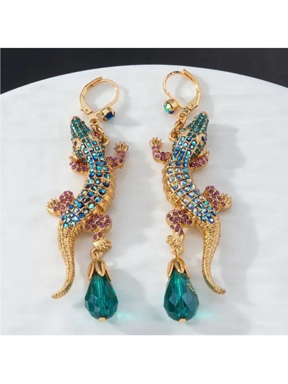 Crocodile Drop Earrings With Green And Blue Crystals. Alligator Drop Earrings